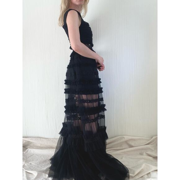 WHOLE 9 YARDS Black Tulle Ruffled Sheer Maxi Formal Gown SMALL - Picture 12 of 12